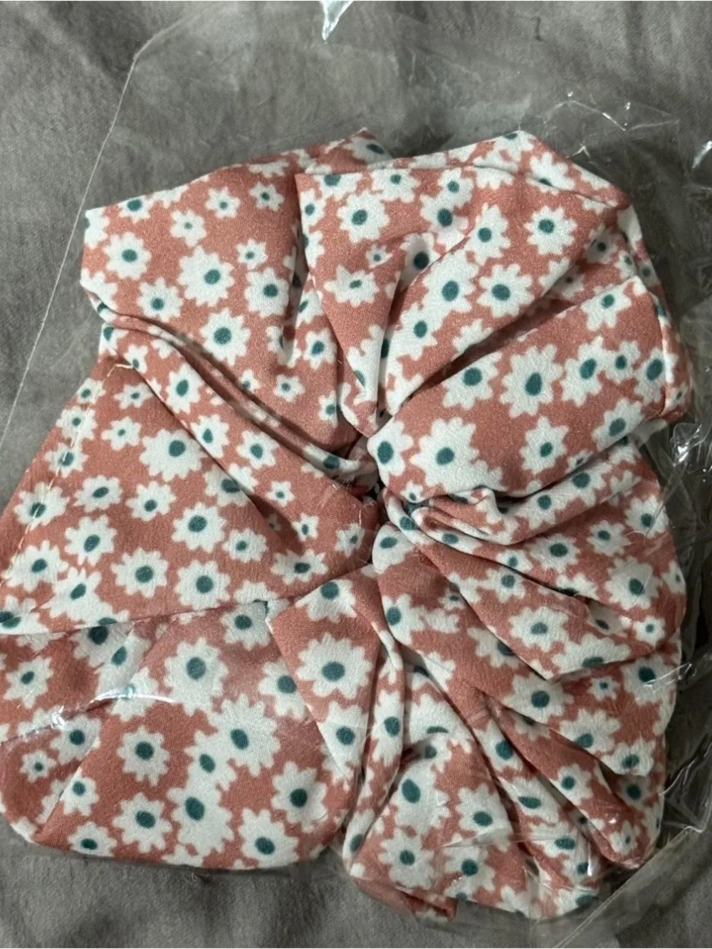 Pink scrunchie with white flowers